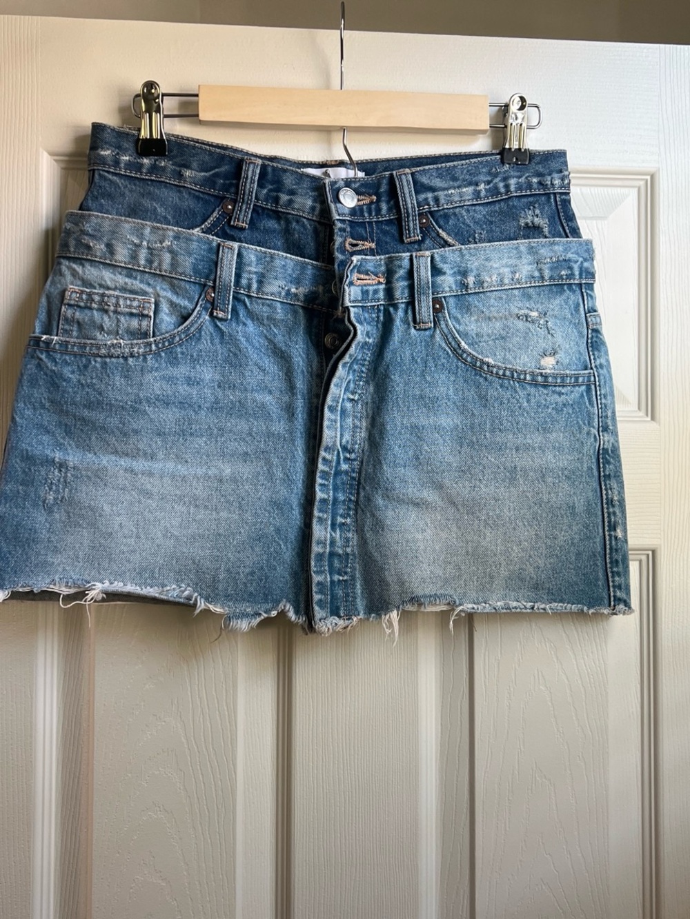 Zara Distressed Double-Layer Light & Medium Blue Denim Mini Skirt